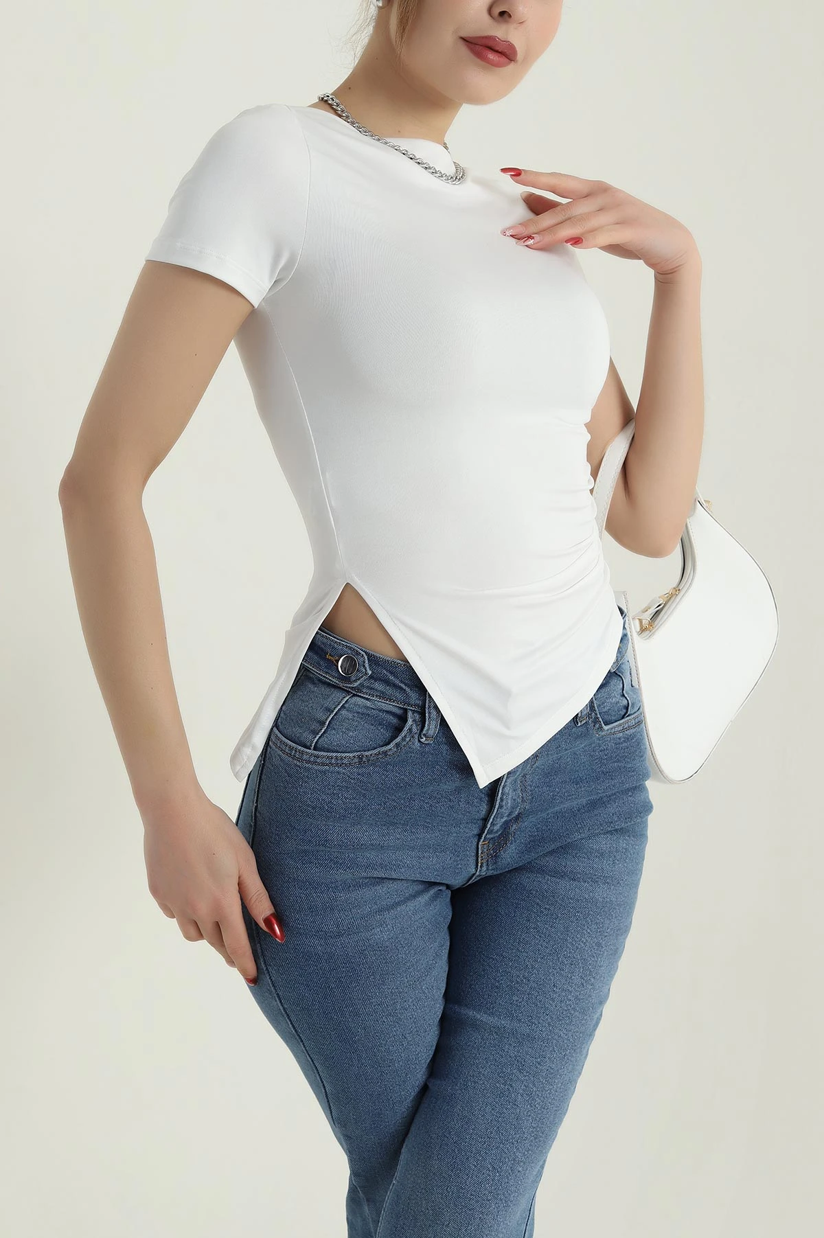 Ekru Yanı Büzgülü Yırtmaçlı Oysho Kadın Bluz 427833