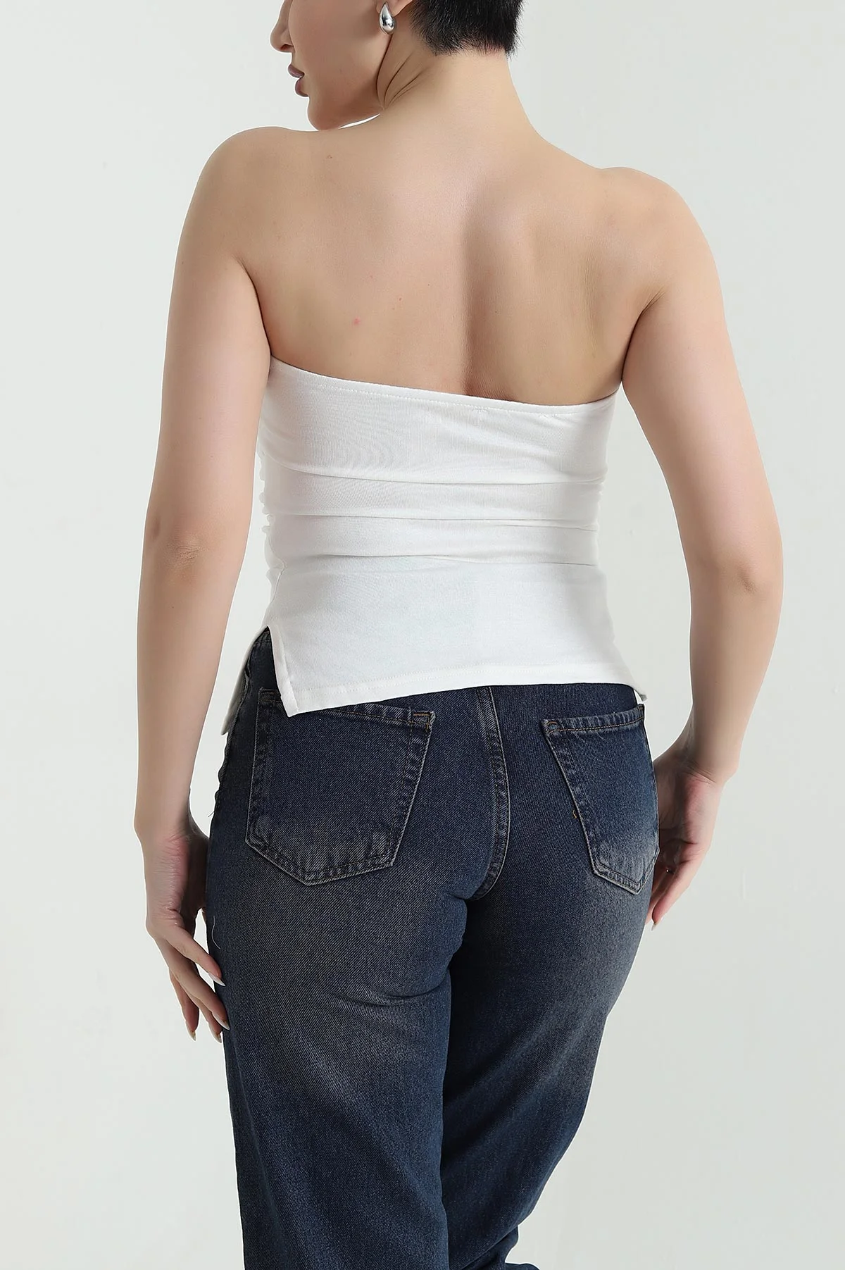 Ekru Yanı Yırtmaçlı Buzzy Kadın Straplez Bluz 448368