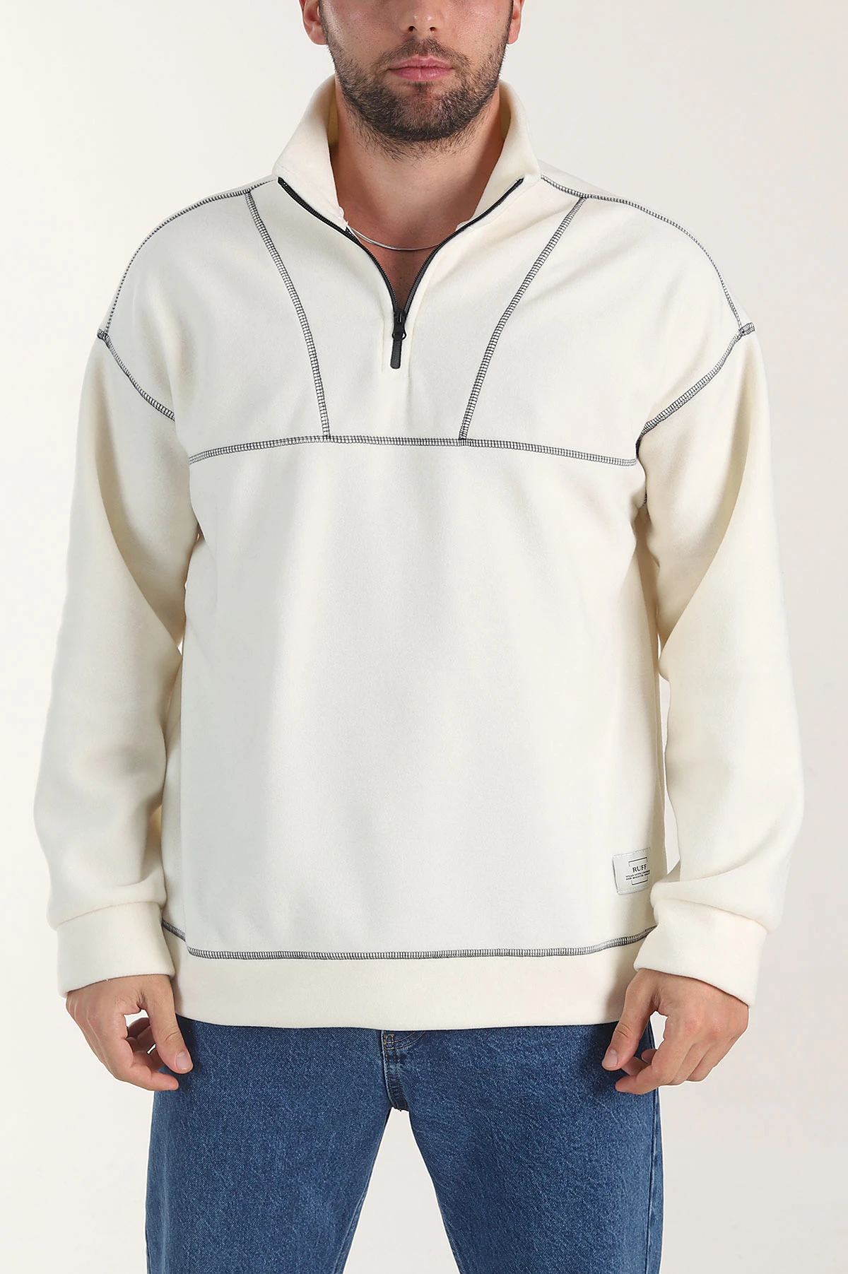 Ekru Yarım Fermuarlı Dik Yaka Dikiş Detaylı Polar Kumaş Erkek Sweatshirt 404324