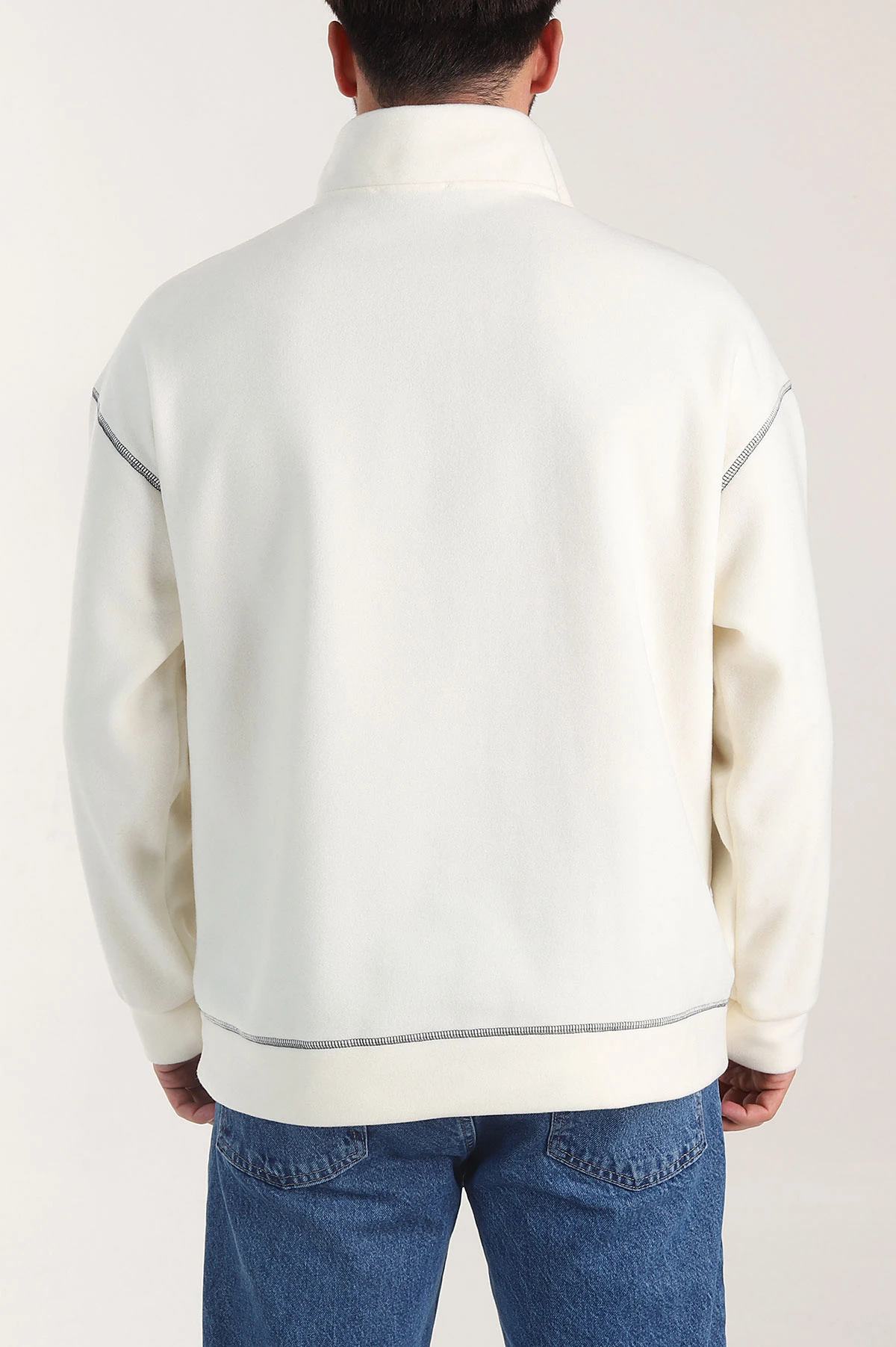 Ekru Yarım Fermuarlı Dik Yaka Dikiş Detaylı Polar Kumaş Erkek Sweatshirt 404324