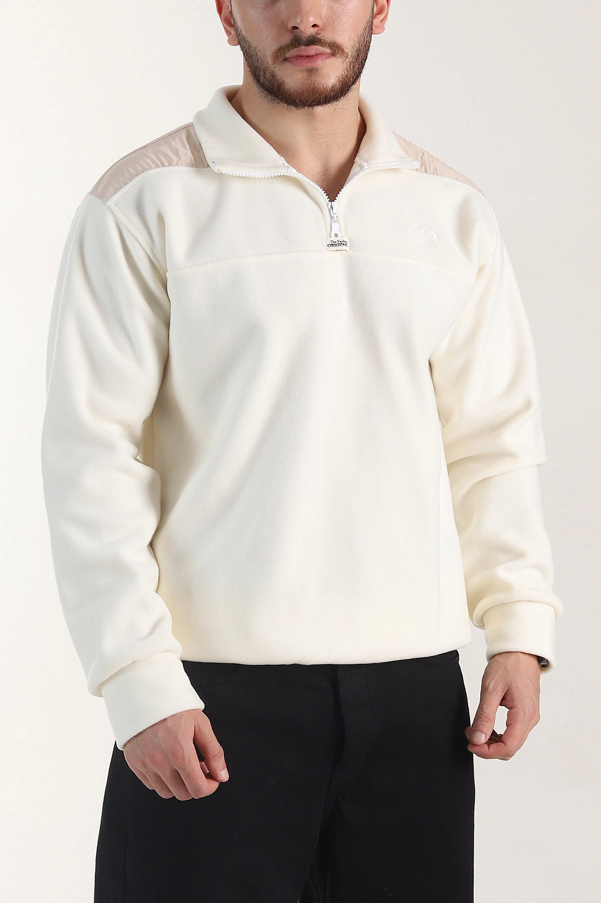 Ekru Yarım Fermuarlı Nakış Detaylı Dik Yaka Polar Kumaş Erkek Sweatshirt 404240