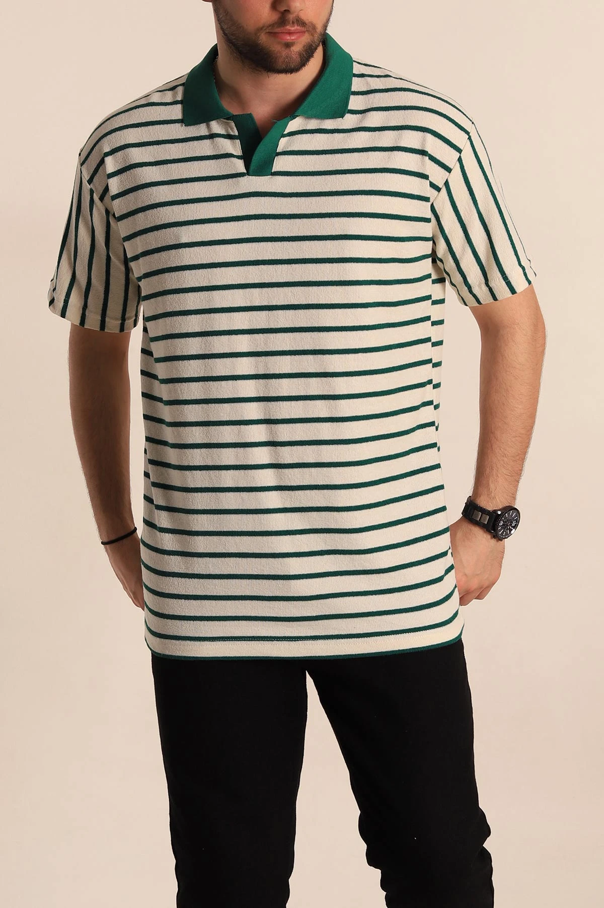 Ekru Yeşil Çizgili Relaxed Fit Polo Yaka Erkek Triko Tişört 269192
