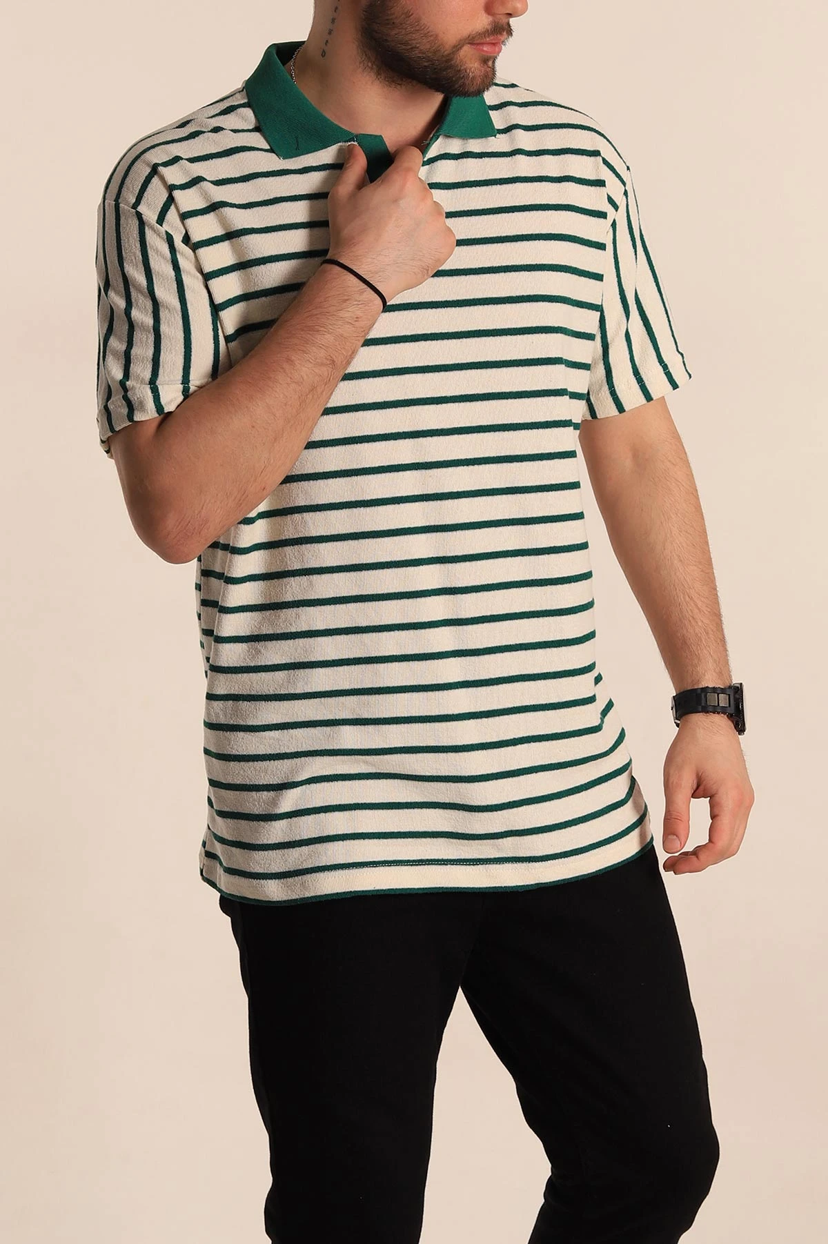 Ekru Yeşil Çizgili Relaxed Fit Polo Yaka Erkek Triko Tişört 269192