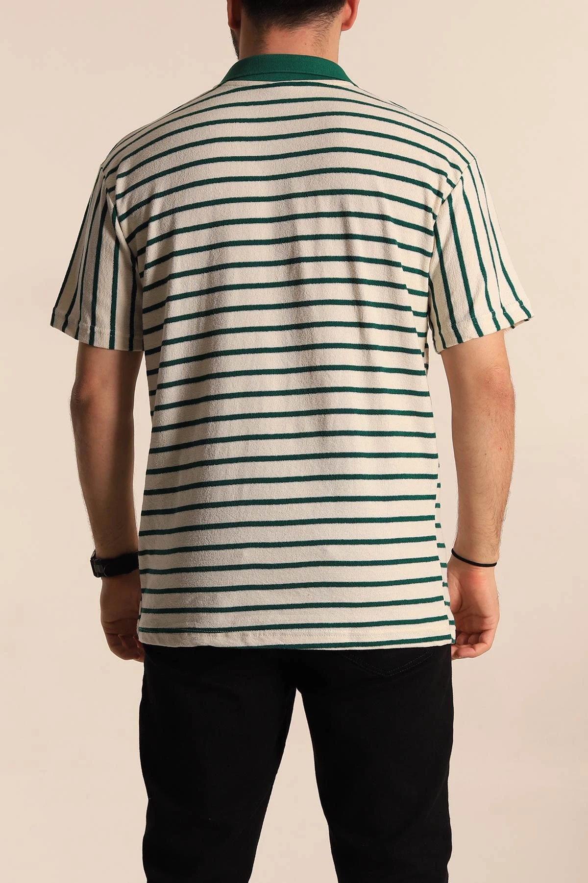 Ekru Yeşil Çizgili Relaxed Fit Polo Yaka Erkek Triko Tişört 269192