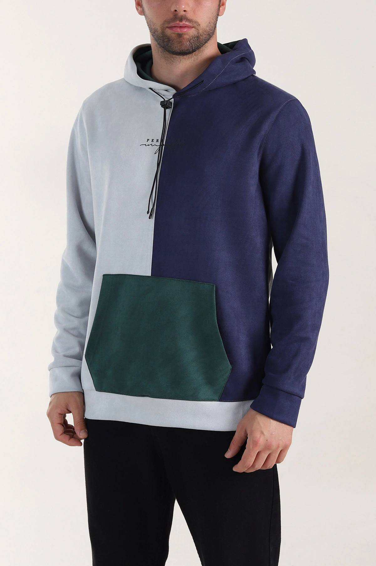 Ekru Zümrüt Yeşili Kapüşonlu Yazı Detaylı Cepli Erkek Sweatshirt 413631