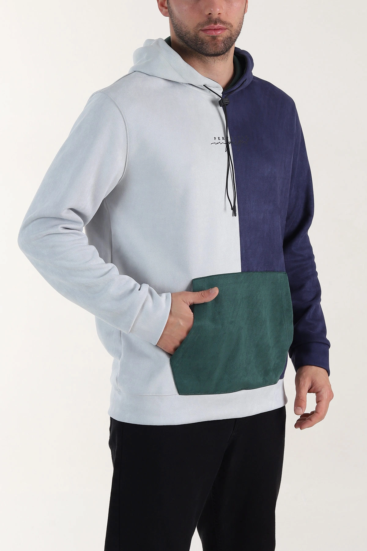 Ekru Zümrüt Yeşili Kapüşonlu Yazı Detaylı Cepli Erkek Sweatshirt 413631