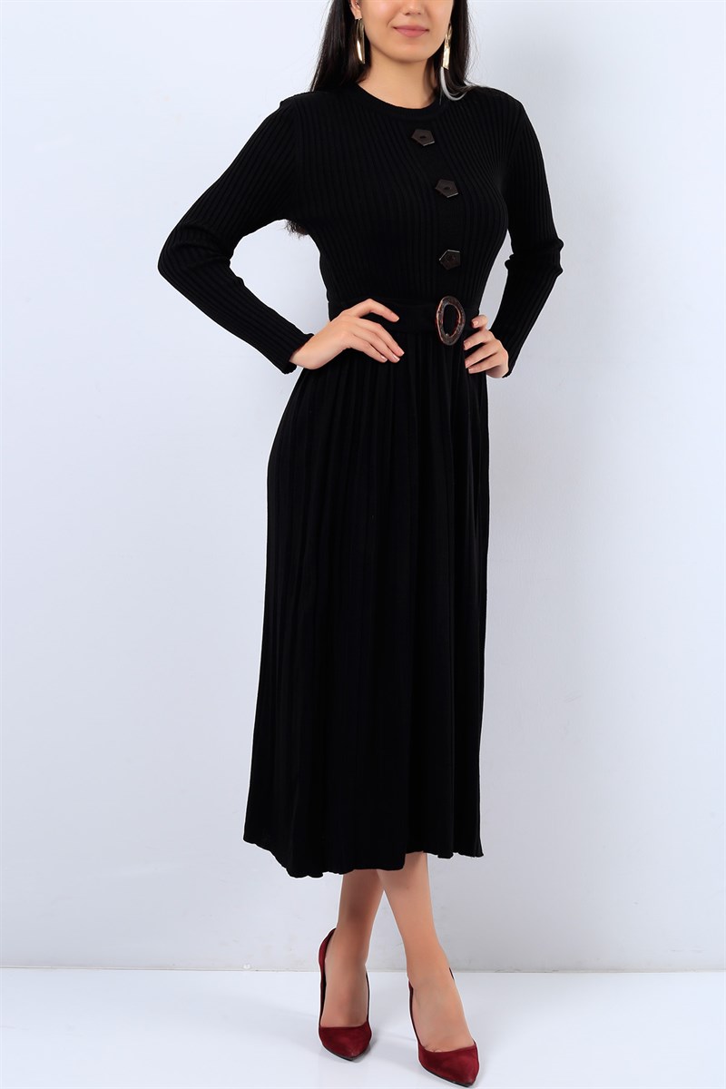 Eteği Pileli Siyah Triko Elbise 19671B