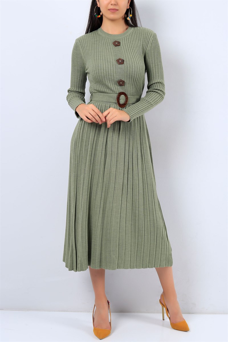 Eteği Pileli Yeşil Triko Elbise 19668B
