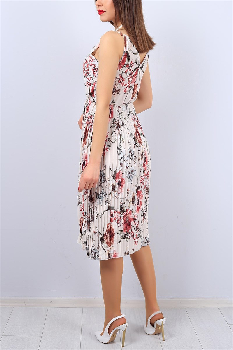 Etek Pileli Askılı Çiçek Desen Bayan Elbise 7905B