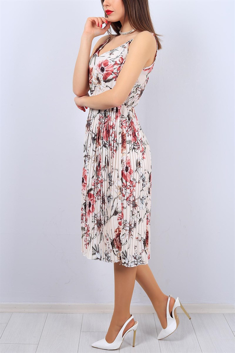 Etek Pileli Askılı Çiçek Desen Bayan Elbise 7905B