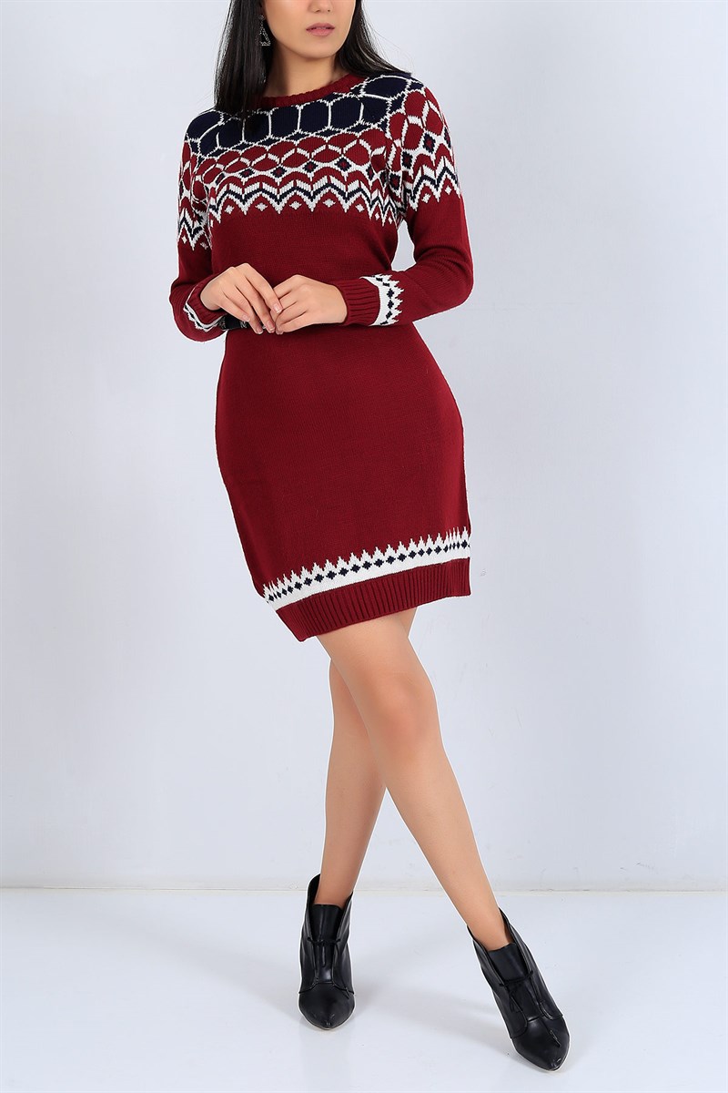 Etnik Desen Bordo Triko Tunik 25004B