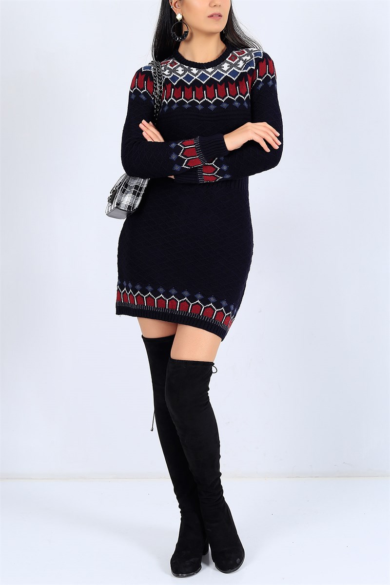 Etnik Desen Lacivert Triko Tunik 25007B
