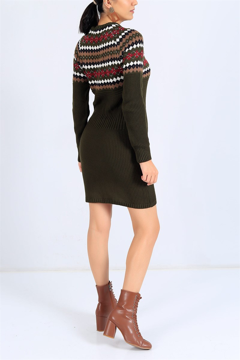 Etnik Desenli Haki Triko Tunik 24988B