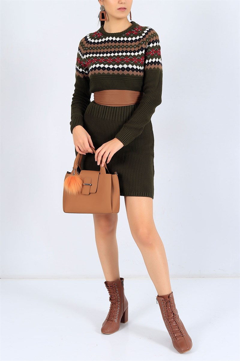 Etnik Desenli Haki Triko Tunik 24988B