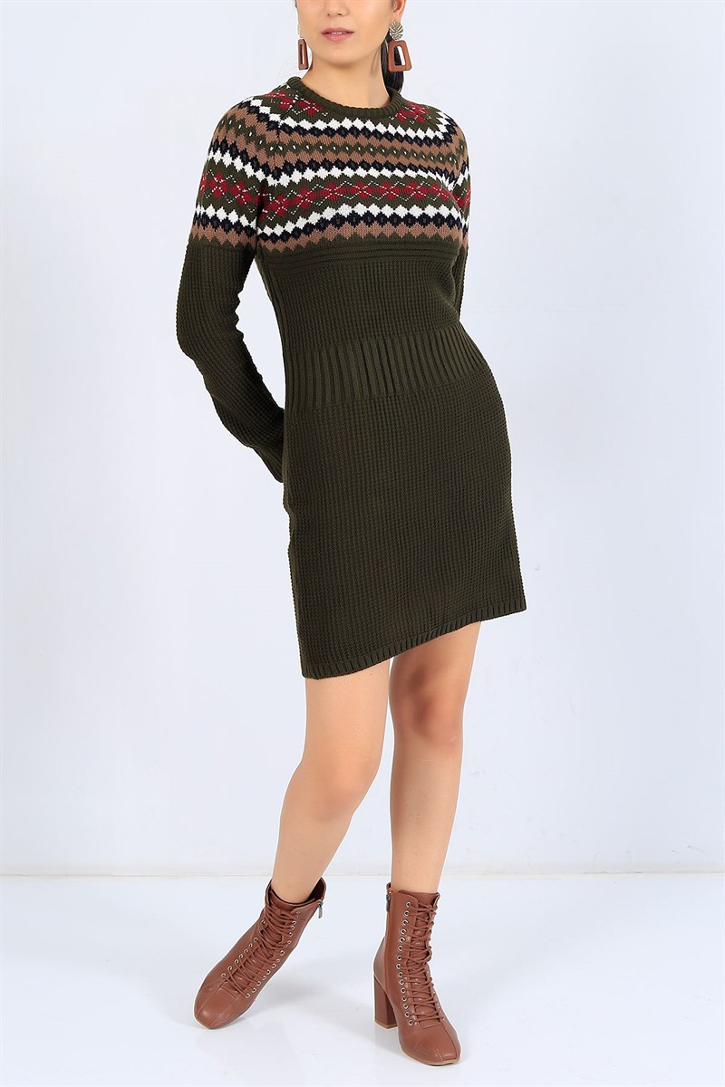 Etnik Desenli Haki Triko Tunik 24988B