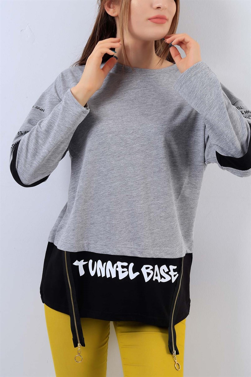 Fermuar Detaylı Gri Bayan Sweat 18512B