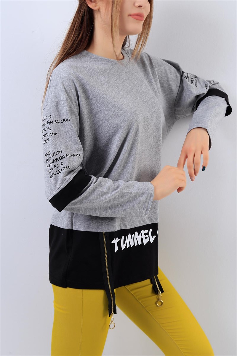 Fermuar Detaylı Gri Bayan Sweat 18512B