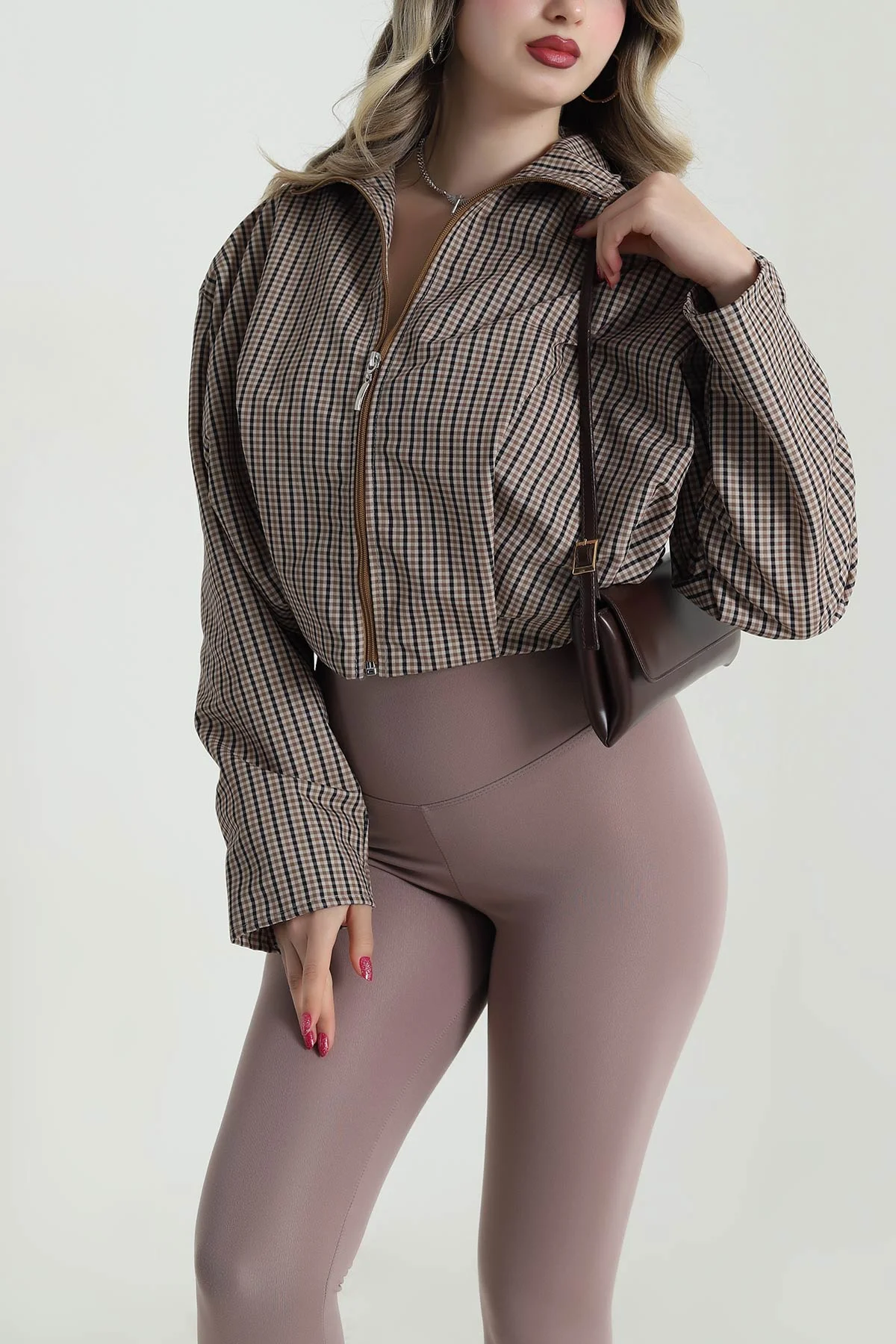 Fermuarlı Astarlı Ekose Bamber Kadın Ceket 493593
