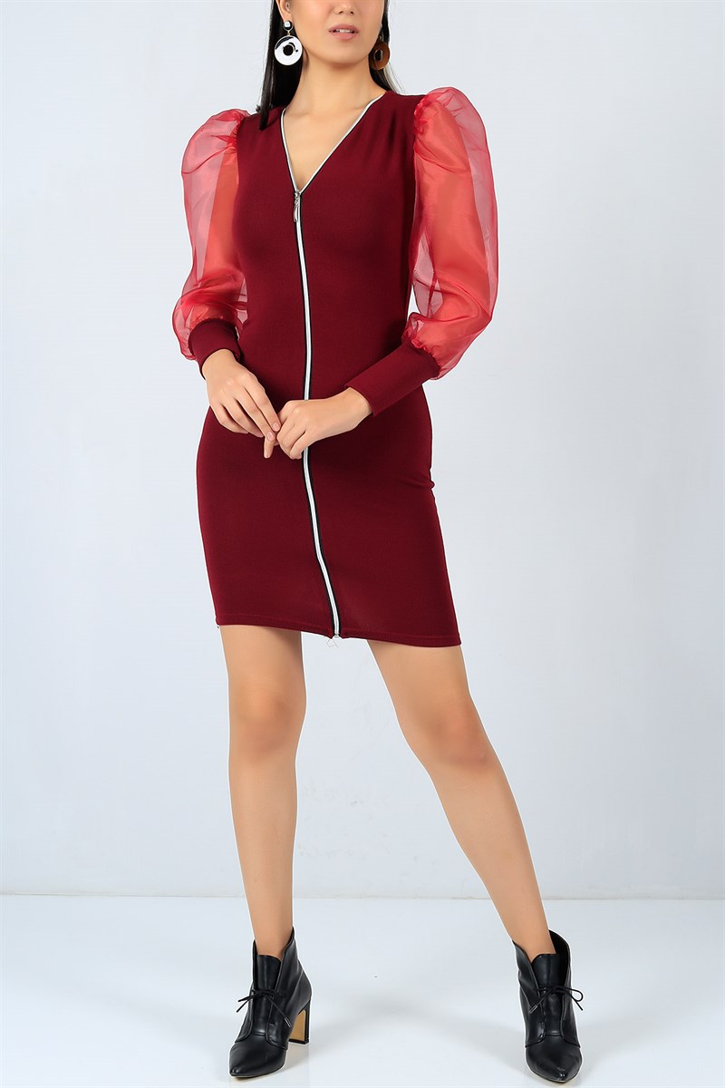 Fermuarlı Bordo Kolu Tüllü Triko Elbise 22878B