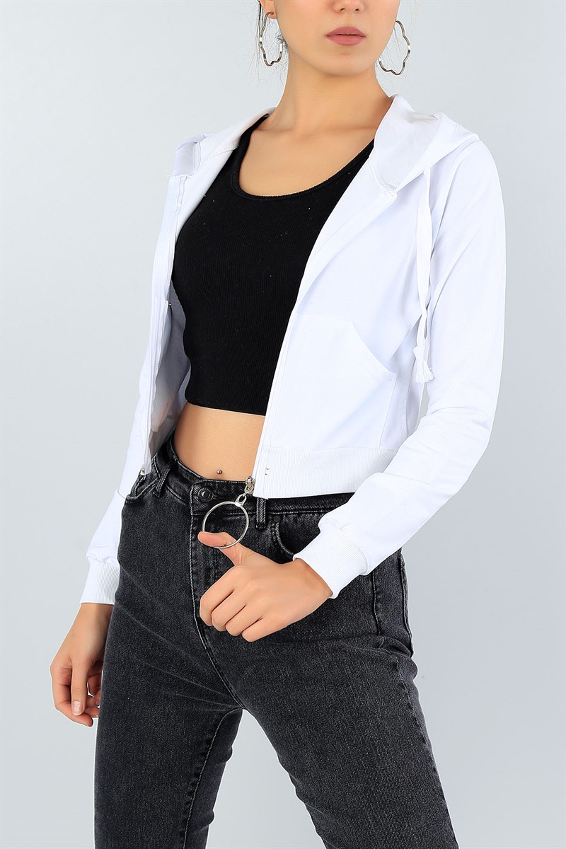 Fermuarlı Cepli Beyaz Bayan Sweat 46636