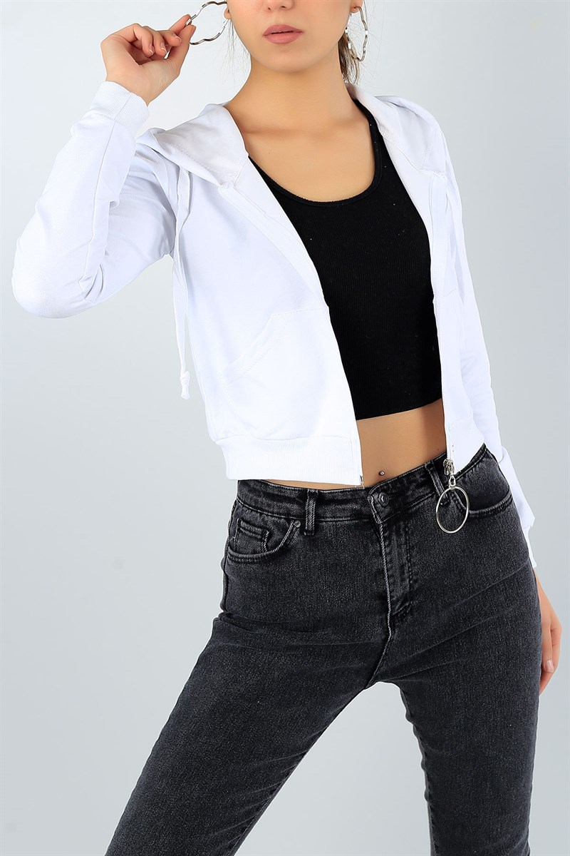 Fermuarlı Cepli Beyaz Bayan Sweat 46636