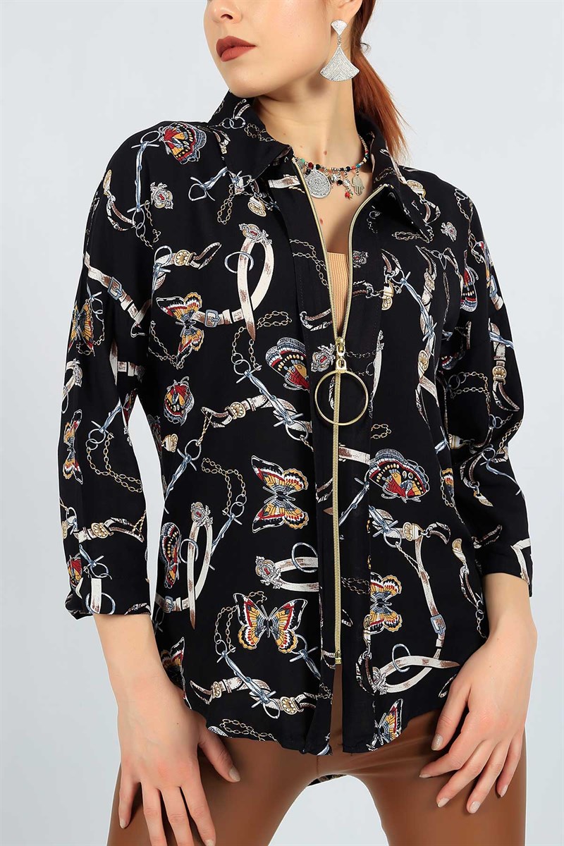 Fermuarlı Desenli Siyah Bayan Gömlek 23402B