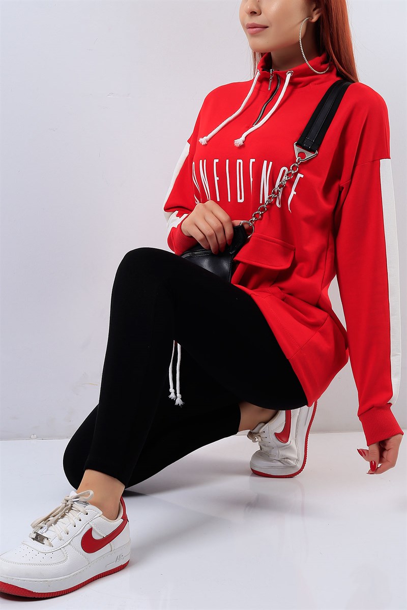 Fermuarlı Kırmızı Bayan Sweat 18847B