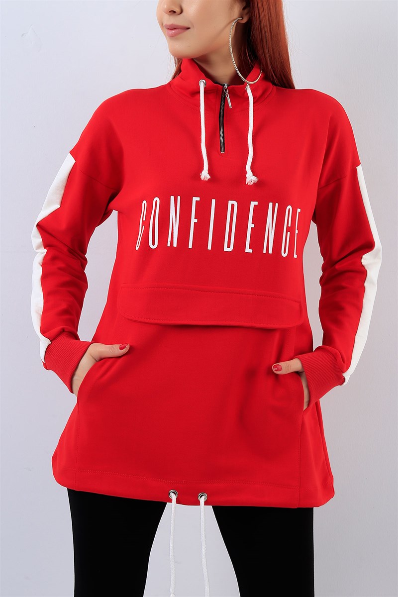 Fermuarlı Kırmızı Bayan Sweat 18847B