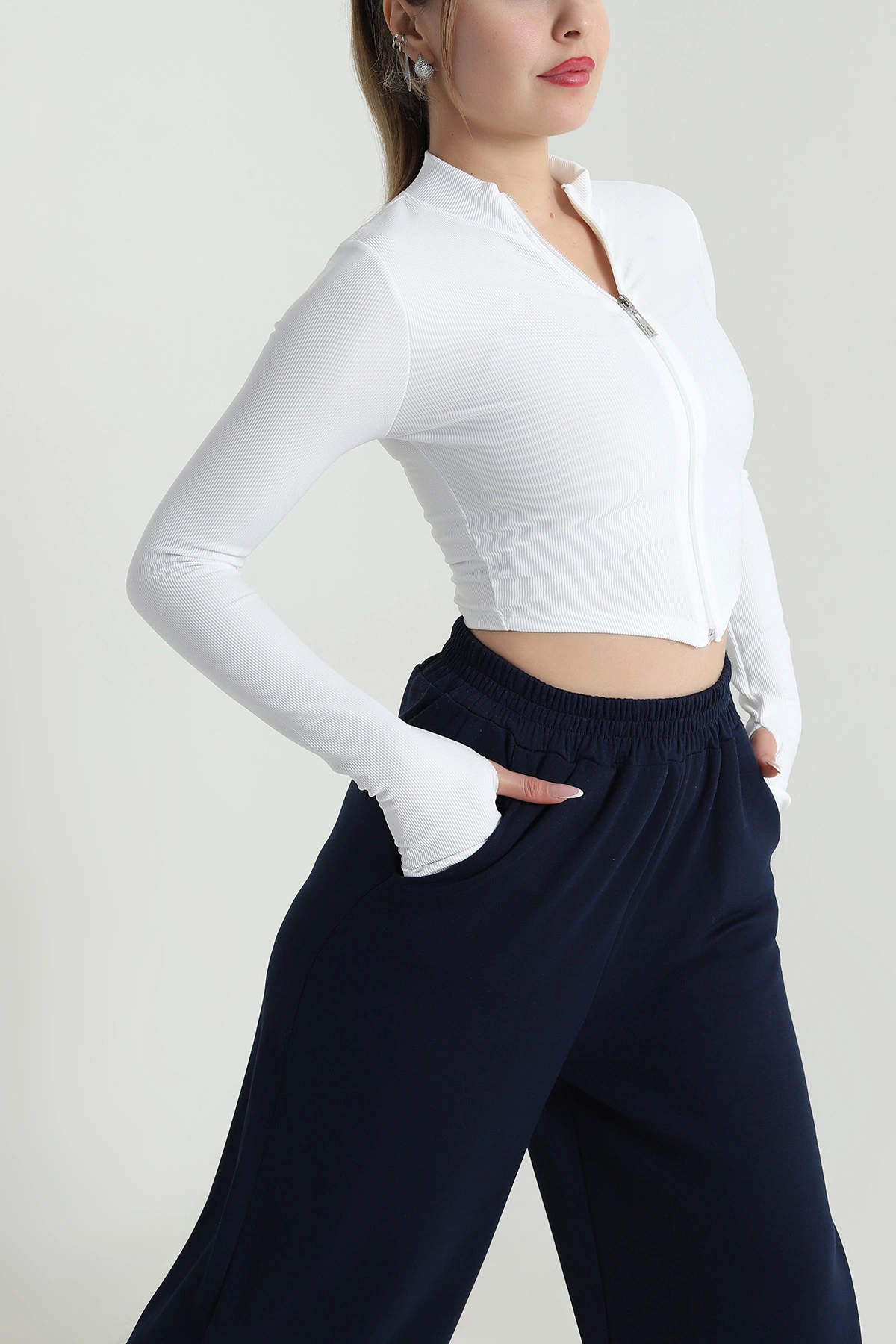 Fermuarlı Likralı Ottoman Kumaş Crop 489921