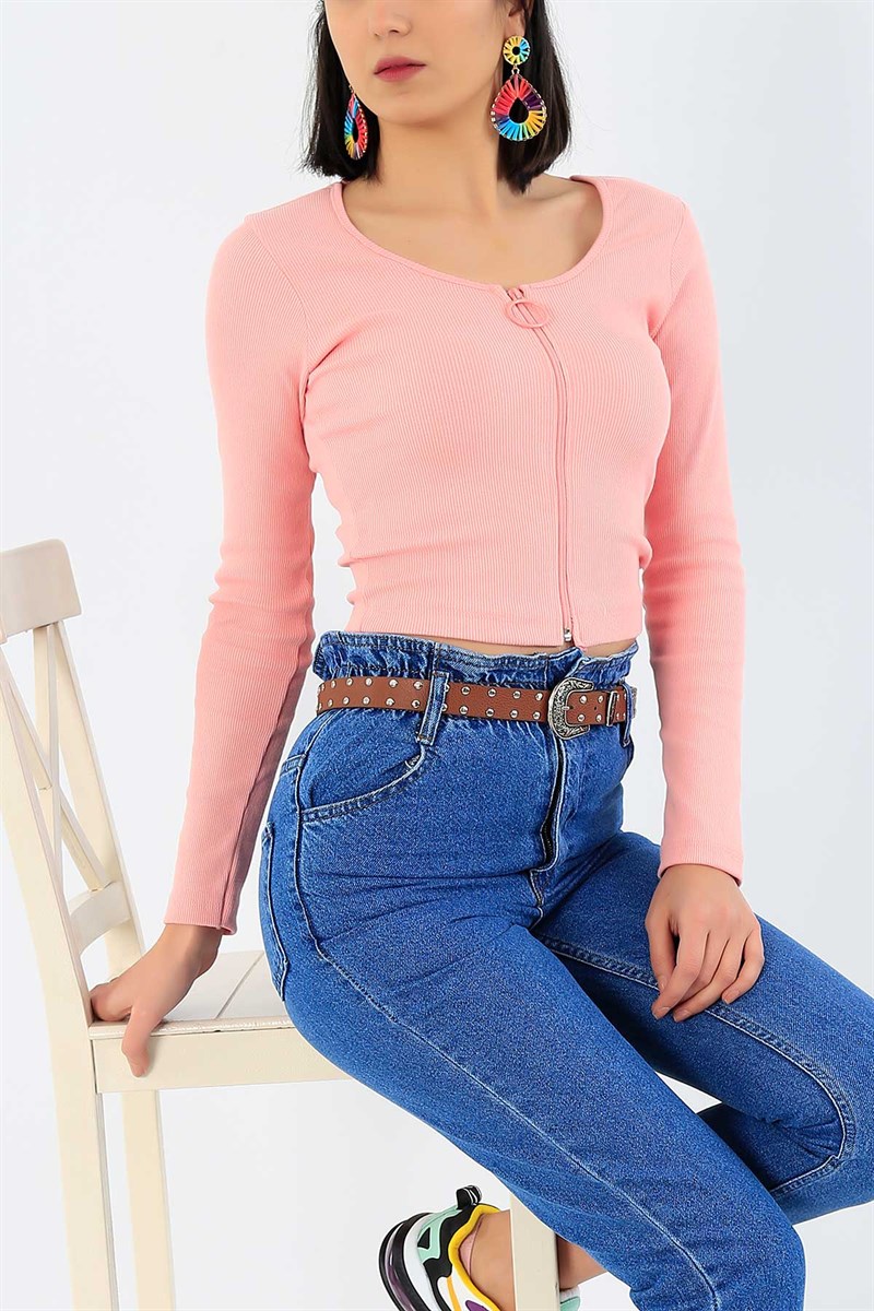 Fermuarlı Likralı Pudra Bluz 27846B