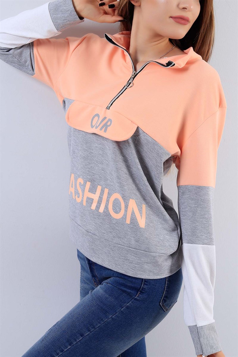 Fermuarlı Pudra Bayan Sweat 17512B