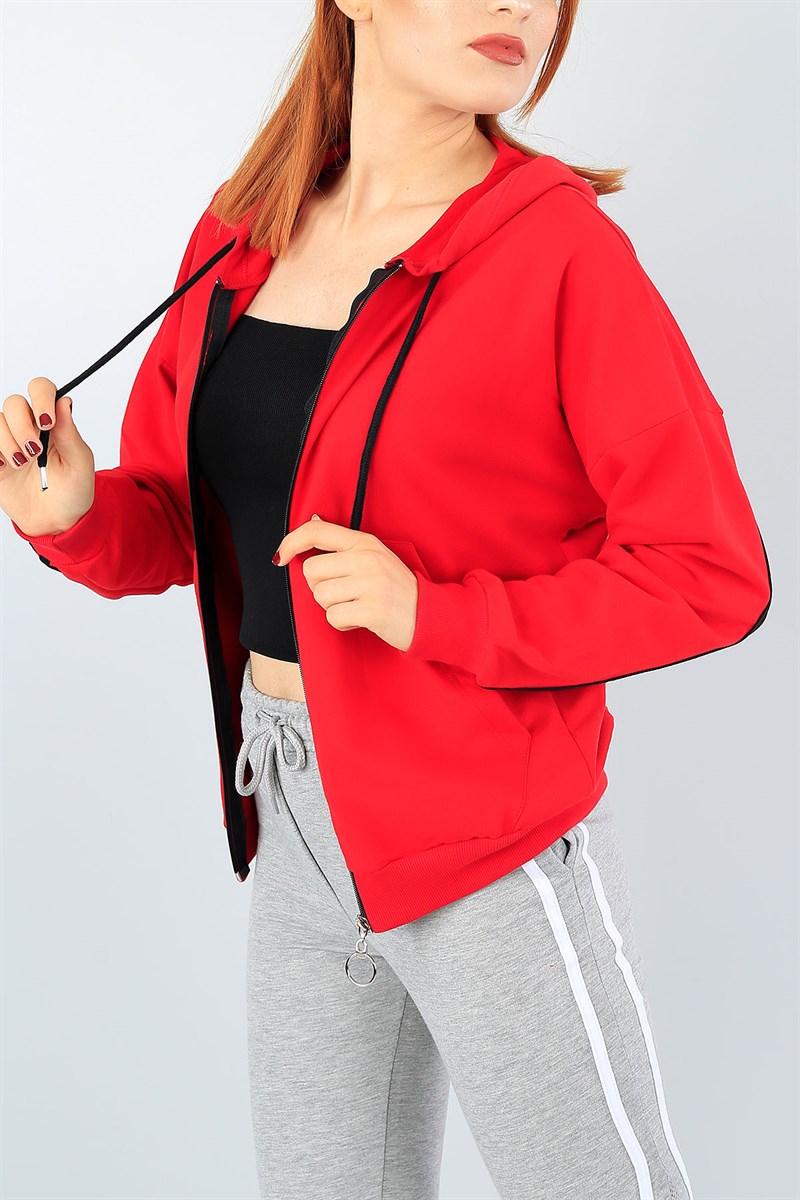Fermuarlı Şeritli Kırmızı Bayan Sweat 40740