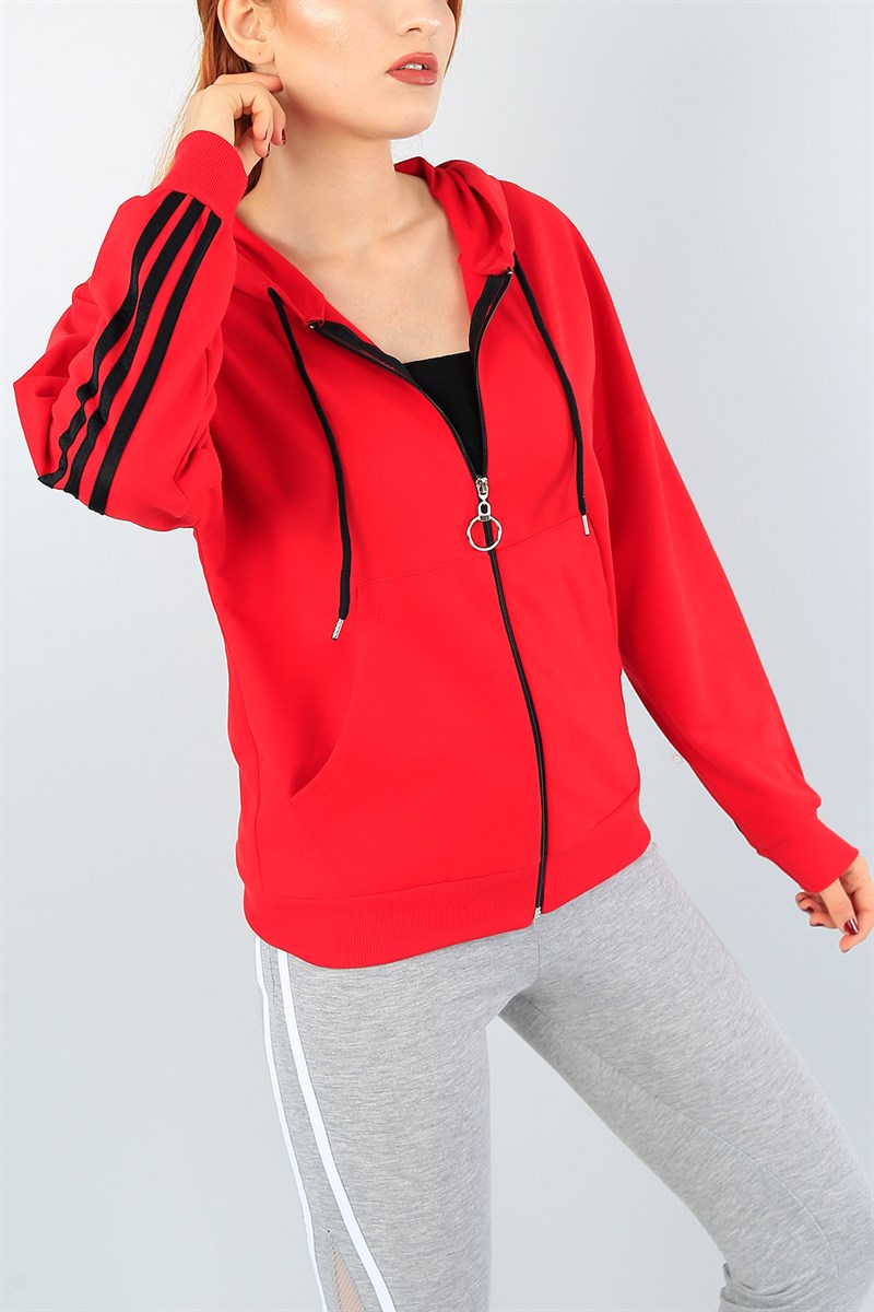 Fermuarlı Şeritli Kırmızı Bayan Sweat 40740