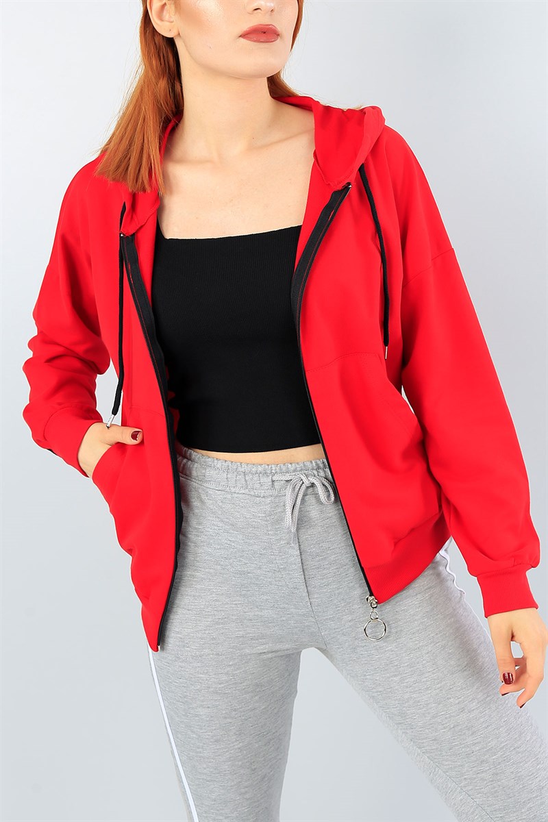 Fermuarlı Şeritli Kırmızı Bayan Sweat 40740