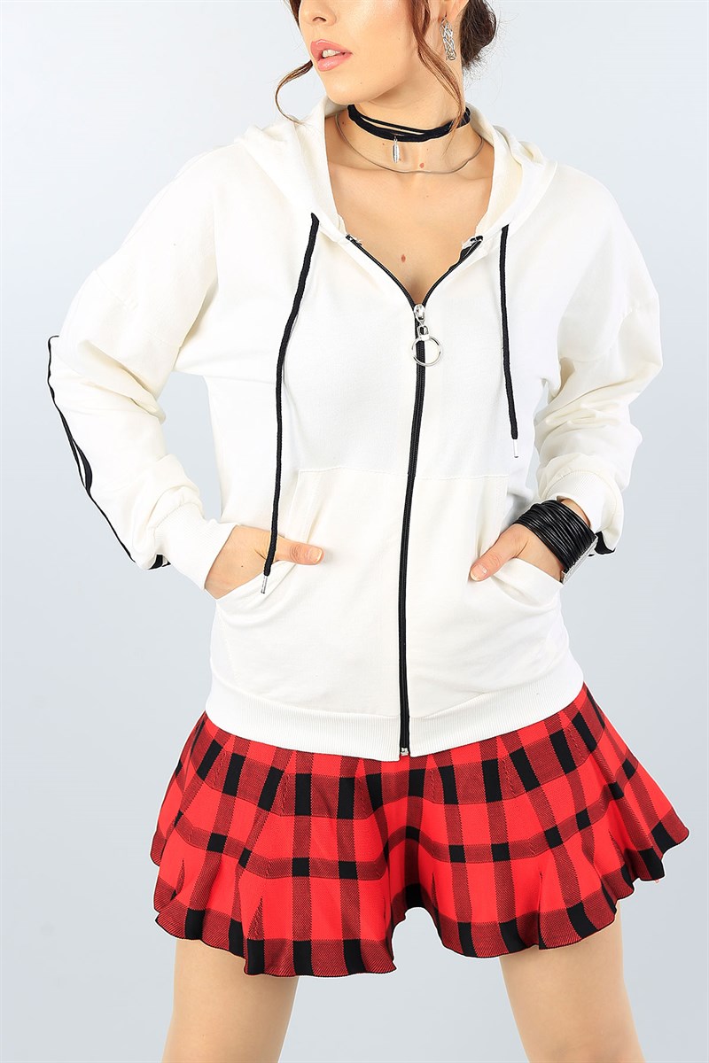 Fermuarlı Şeritli Krem Bayan Sweat 40739