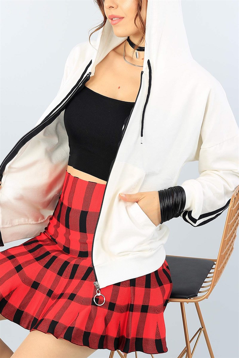 Fermuarlı Şeritli Krem Bayan Sweat 40739