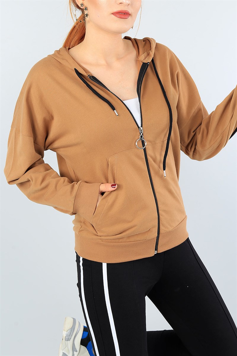 Fermuarlı Şeritli Taba Bayan Sweat 40741