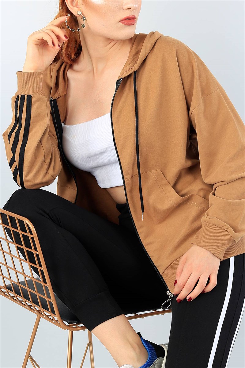 Fermuarlı Şeritli Taba Bayan Sweat 40741