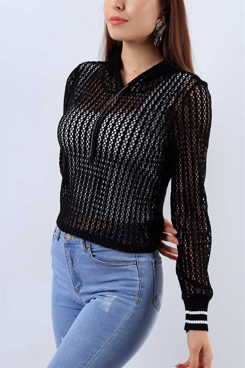 Fileli Kapüşonlu Siyah Sweat 17797B