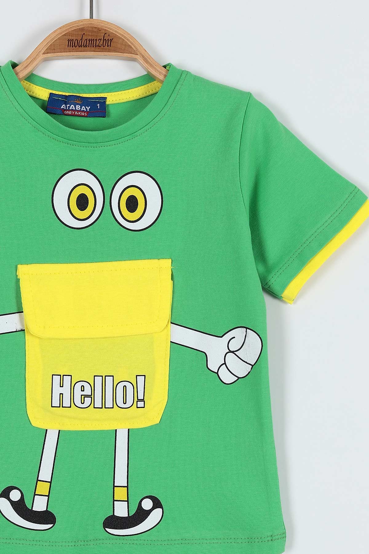 Fıstık Yeşili (0-4 Yaş) Hello Baskılı Cep Detaylı Erkek Bebe Tişört 185225