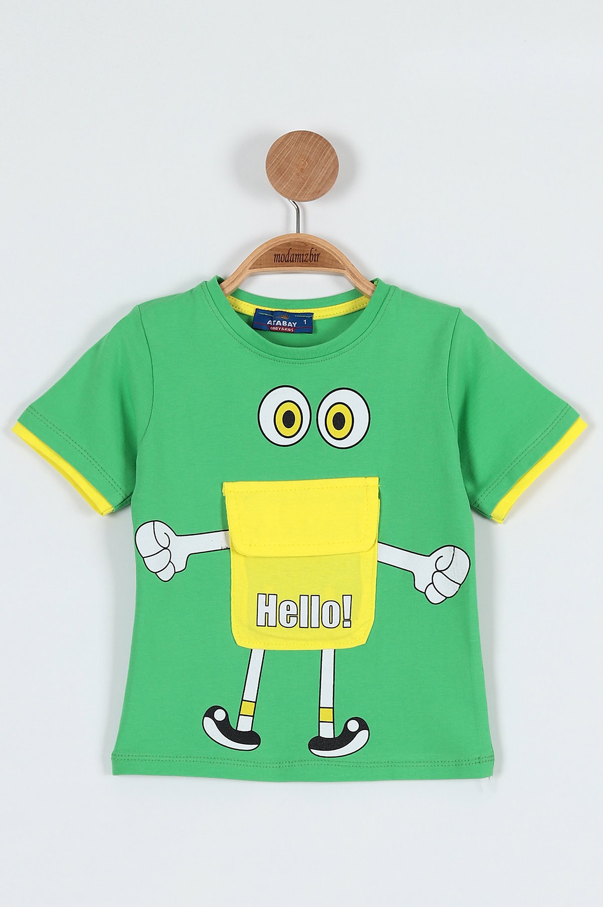 Fıstık Yeşili (0-4 Yaş) Hello Baskılı Cep Detaylı Erkek Bebe Tişört 185225
