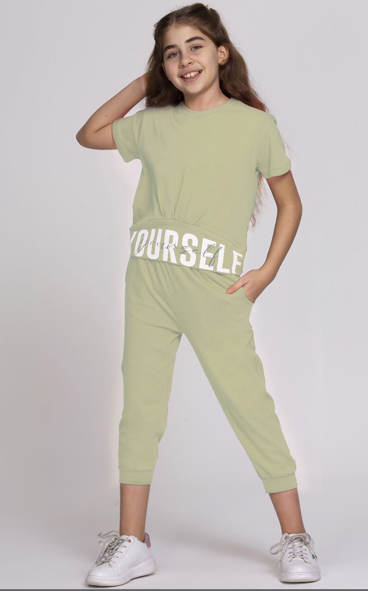 Fıstık Yeşili (6-9 Yaş) Yourself Baskılı Kavis Detaylı Kız Çocuk Takım 192439