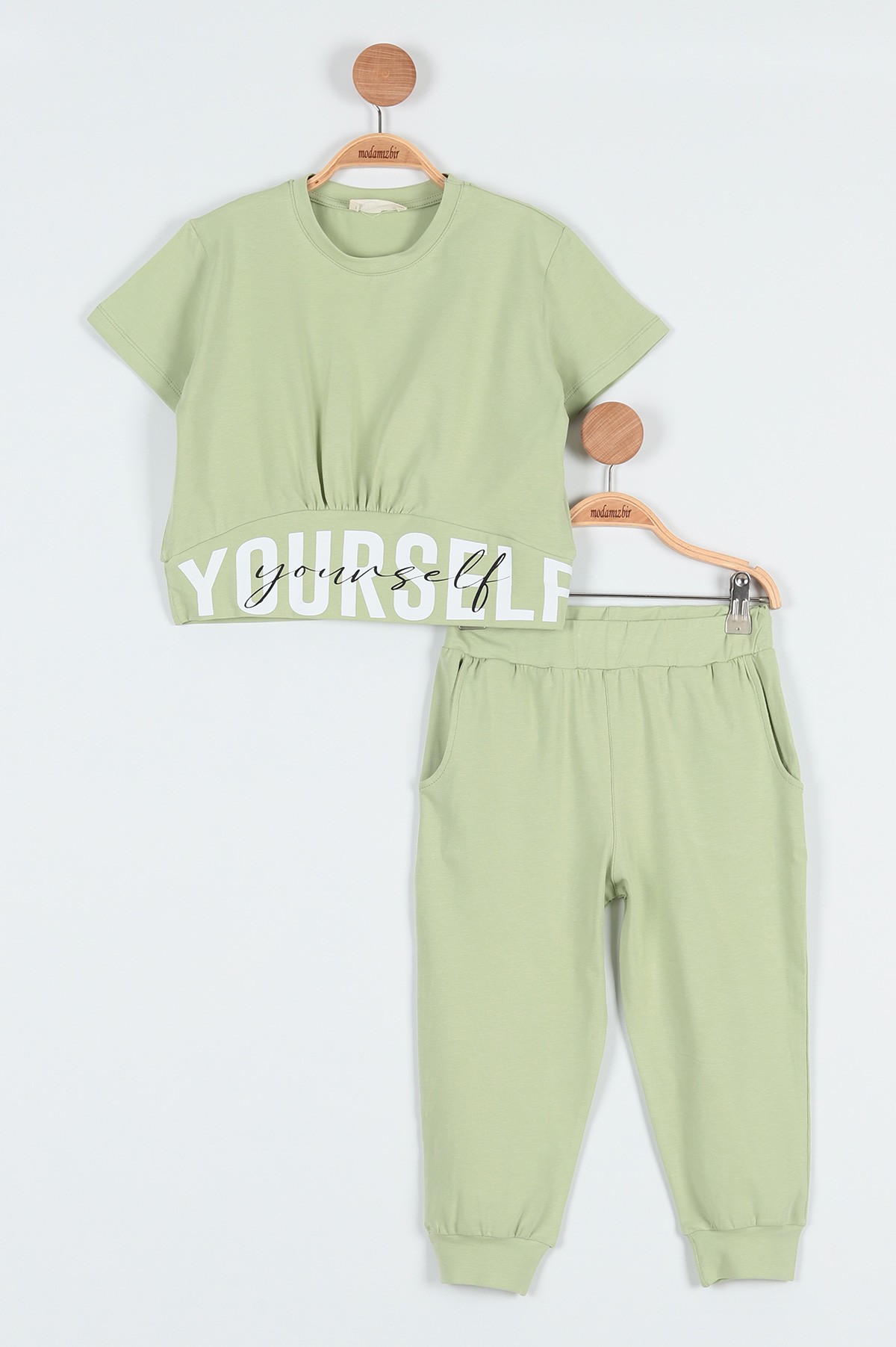 Fıstık Yeşili (6-9 Yaş) Yourself Baskılı Kavis Detaylı Kız Çocuk Takım 192439