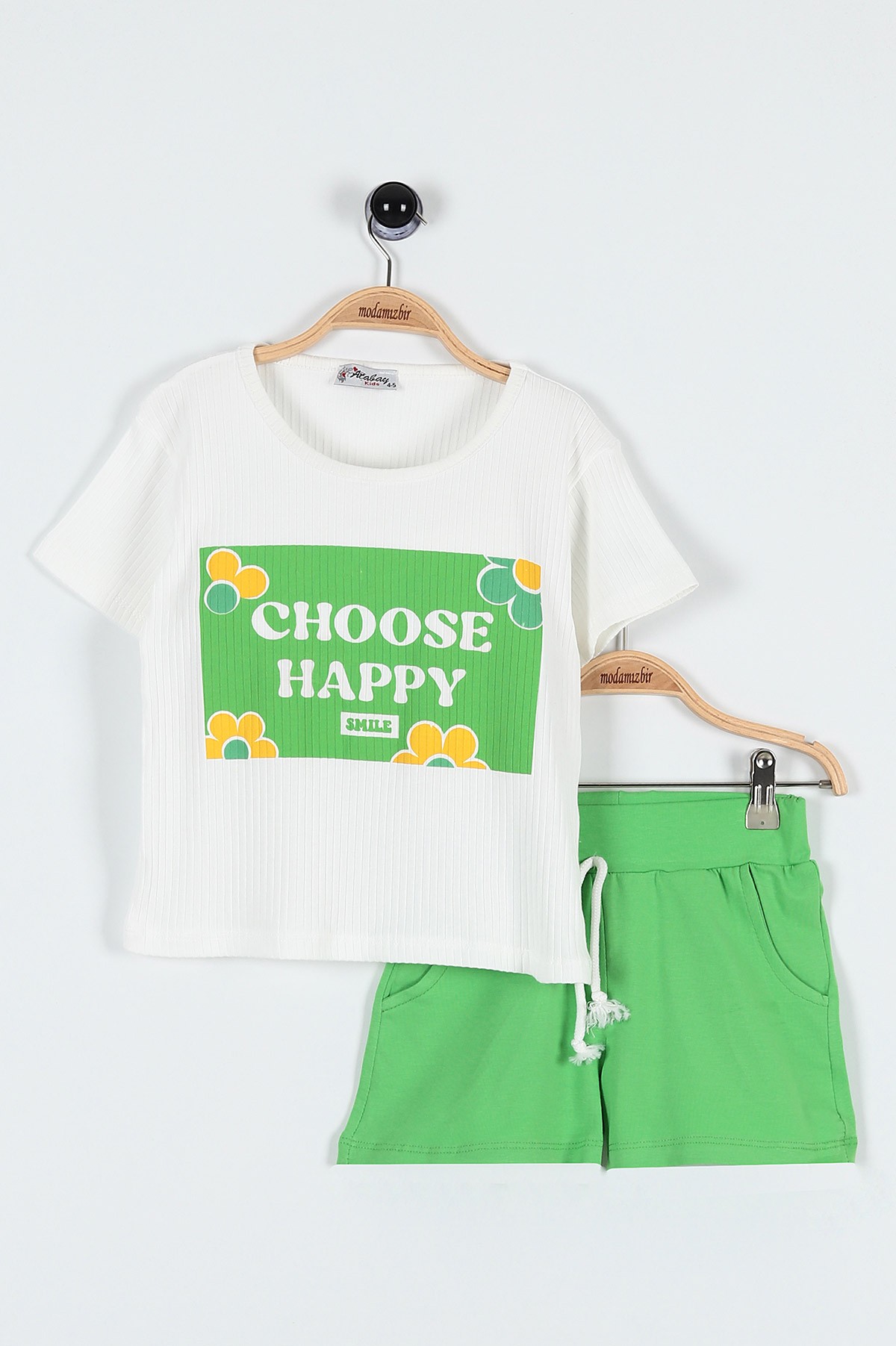 Fıstık Yeşili (9-12 Yaş) Choose Happy Baskılı Şortlu Fitilli Kız Çocuk Takım 184836