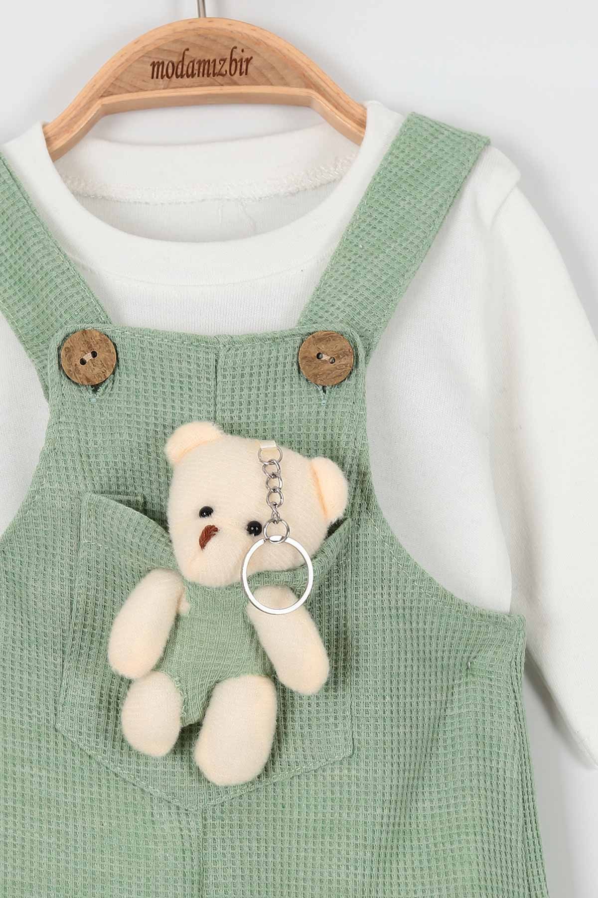 Fıstık Yeşili (9-24 Ay) Ayı Oyuncaklı Cep Düğme Detaylı Erkek Bebe Takım 198382