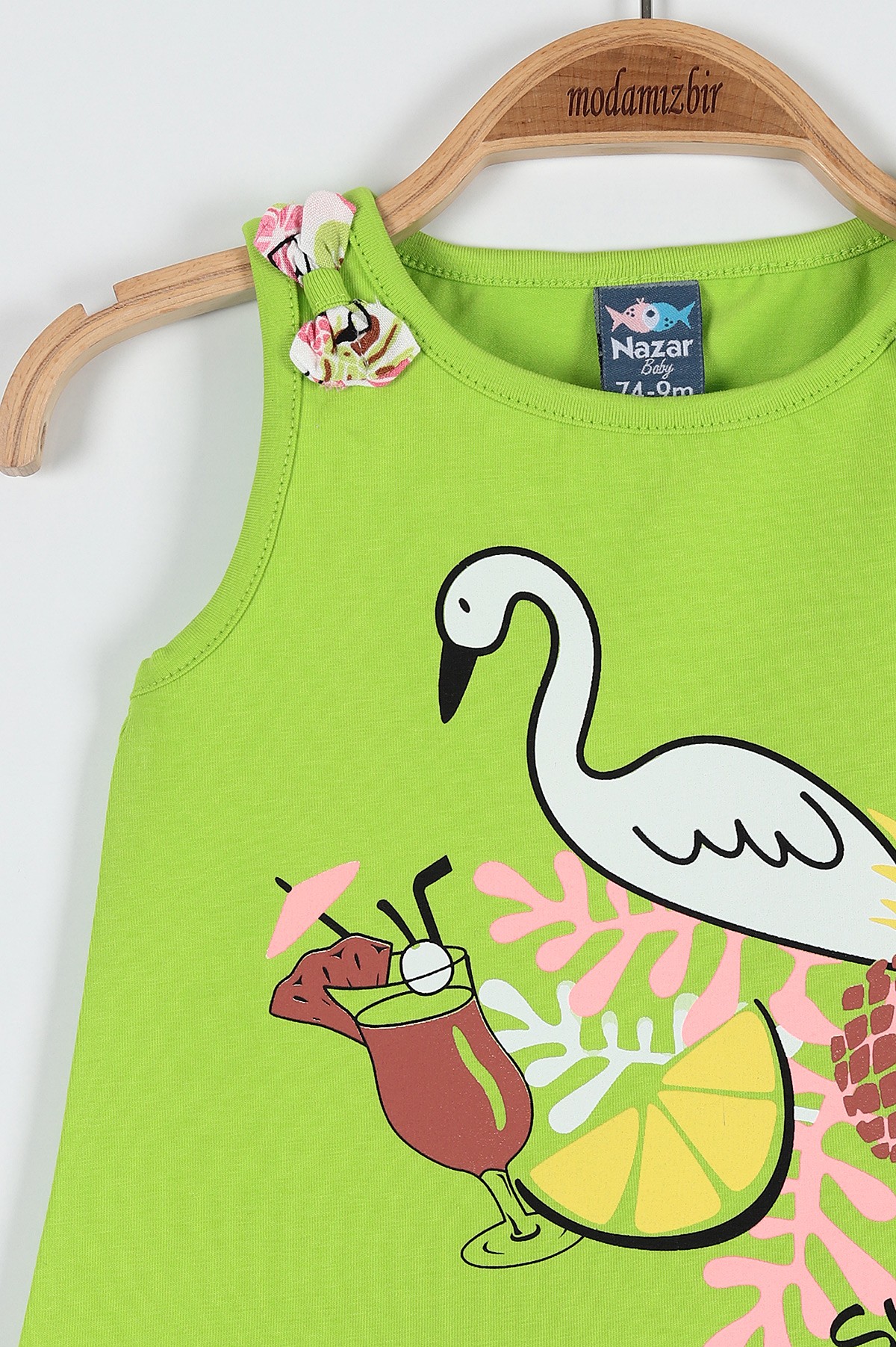 Fıstık Yeşili (9-24 Ay) Flamingo Çiçek Baskılı Omuz Fiyonk Detaylı Şortlu Kız Bebe Takım 182601