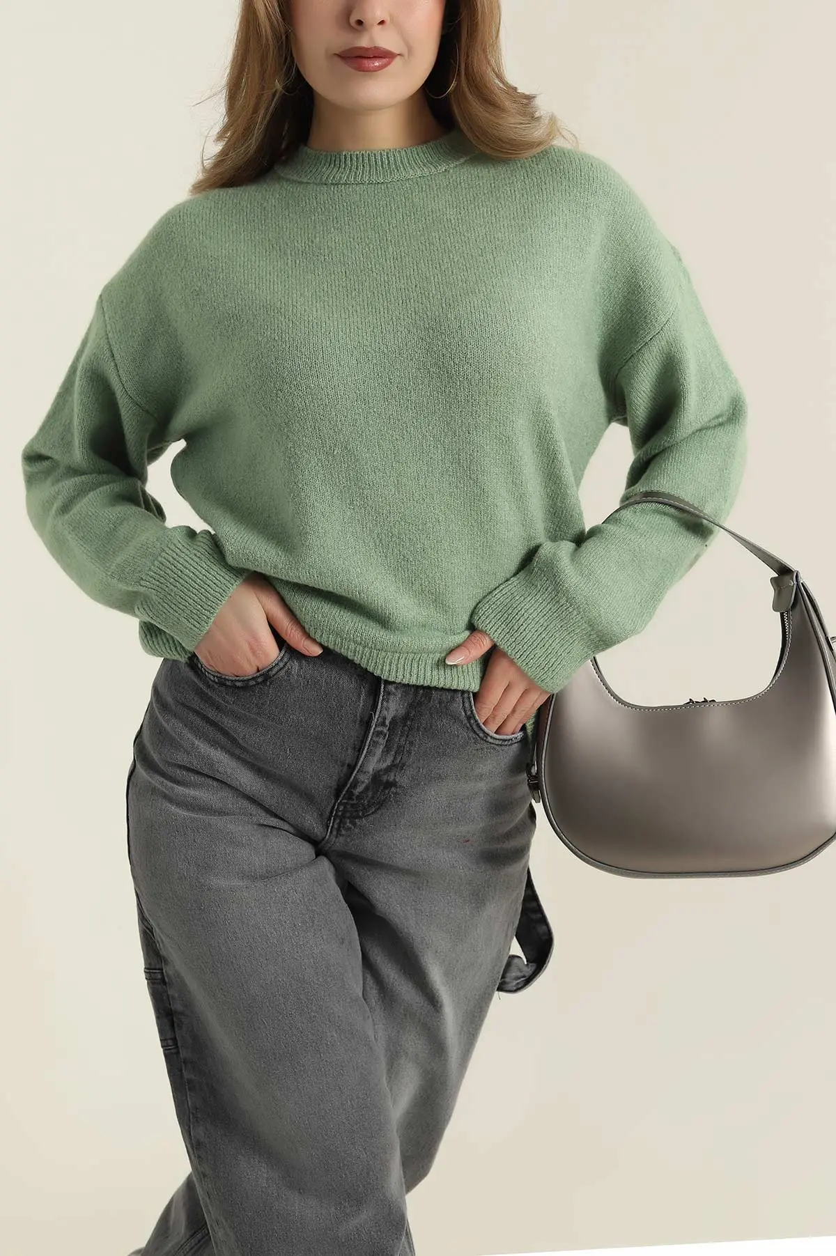 Fıstık Yeşili Bisiklet Yaka Oversize Kadın Triko Kazak 421233