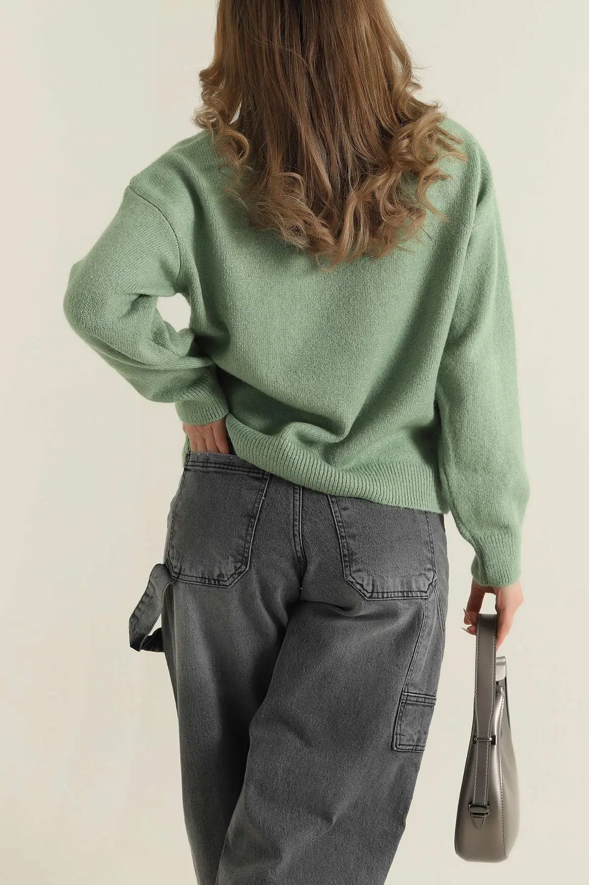 Fıstık Yeşili Bisiklet Yaka Oversize Kadın Triko Kazak 421233