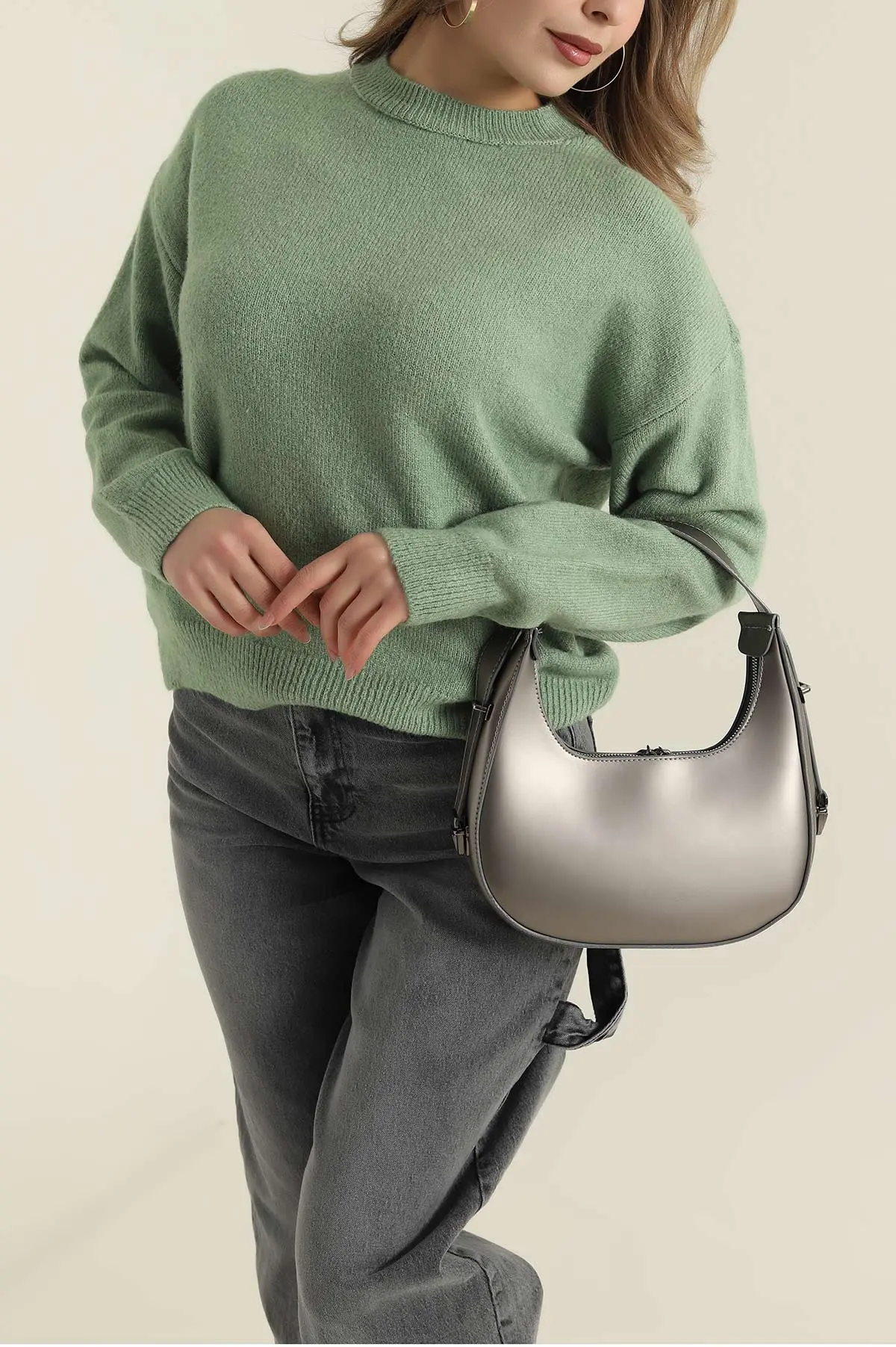 Fıstık Yeşili Bisiklet Yaka Oversize Kadın Triko Kazak 421233