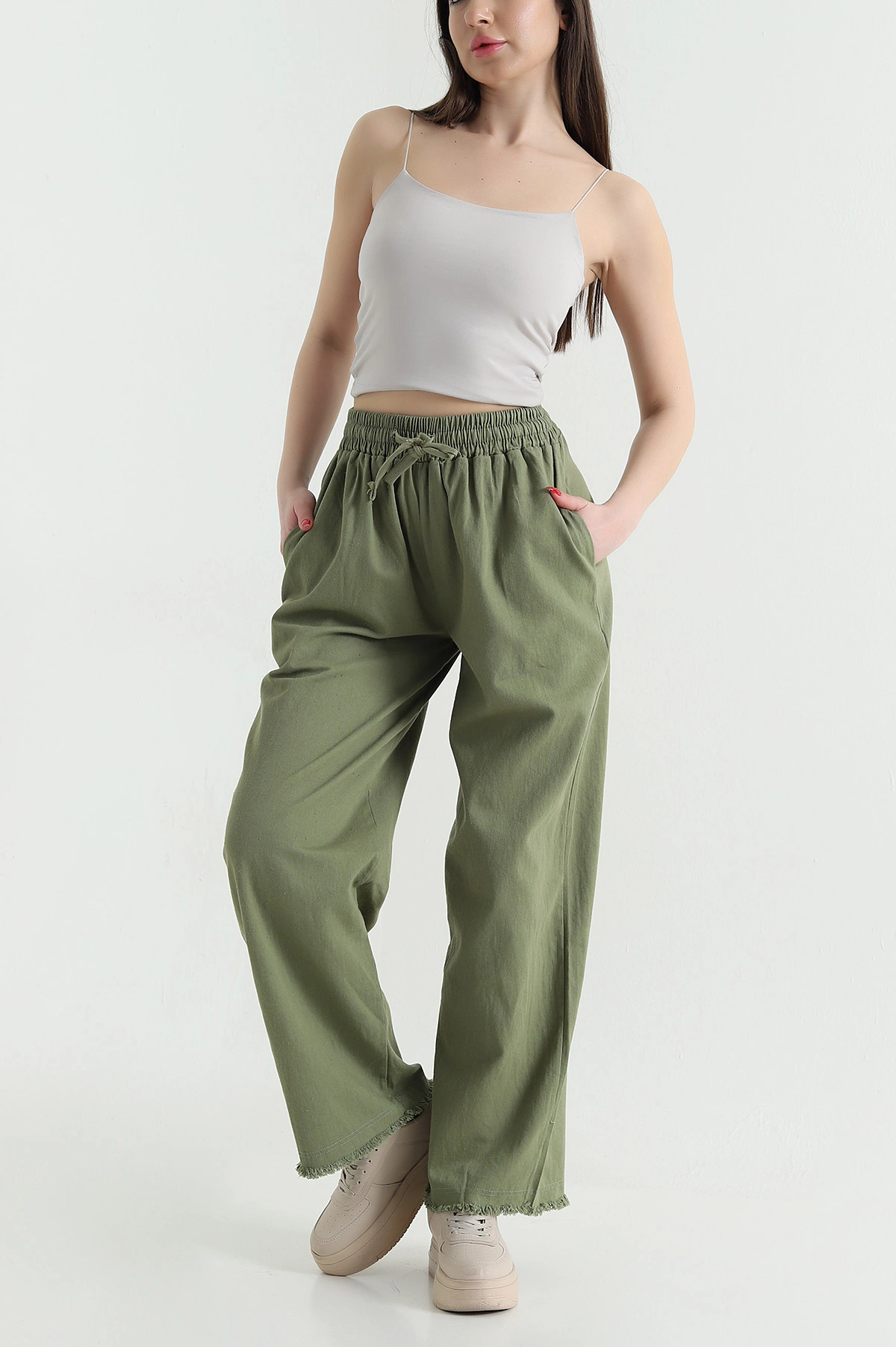 Fıstık Yeşili Lazer Bol Paça Gabardin Kadın Pantolon 439161